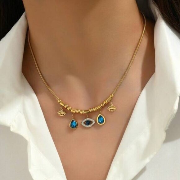 Evil Eye Charm with Teardrop Accents on 18k Gold Filled Necklace - Picture 3 of 7
